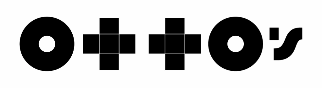Formas geométricas pretas soletram Ottos em um fundo claro: dois círculos com orifícios centrais, dois sinais de mais feitos de quadrados e um "s" estilizado no final.