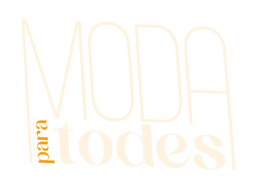 O texto em bege claro em um fundo branco diz MODA todes em letras grandes e finas. A palavra para aparece verticalmente em letras menores, em laranja, à esquerda de todes.