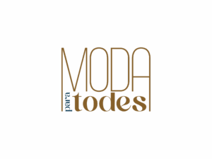O logotipo com texto estilizado diz MODA para todes, com para escrito verticalmente em azul e o restante em marrom sobre um fundo cinza claro.