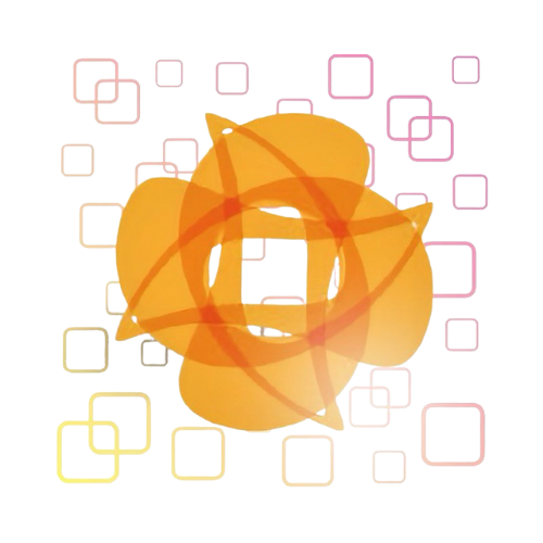 Uma forma geométrica abstrata laranja com pétalas translúcidas sobrepostas está centralizada em um fundo claro. Quadrados em rosa, amarelo e laranja desbotados estão espalhados pelo desenho.