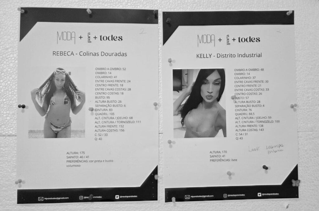 Dois perfis de modelos impressos fixados em um quadro. Cada página mostra uma foto em preto e branco de uma mulher em trajes de banho, acompanhada de medidas, preferências e informações pessoais em português.