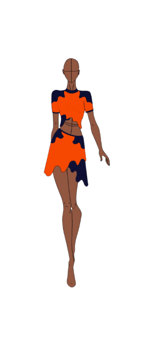 Ilustração de moda de uma modelo em um vestido curto e assimétrico com padrões ondulados em laranja e azul-marinho, caminhando para frente em um fundo branco liso.