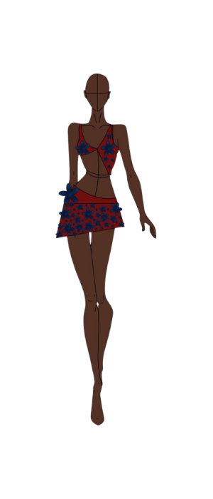 Ilustração de uma modelo feminina vestindo um sutiã floral azul e vermelho e uma minissaia combinando, caminhando para frente com uma mão para baixo e outra inclinada. O plano de fundo é branco.