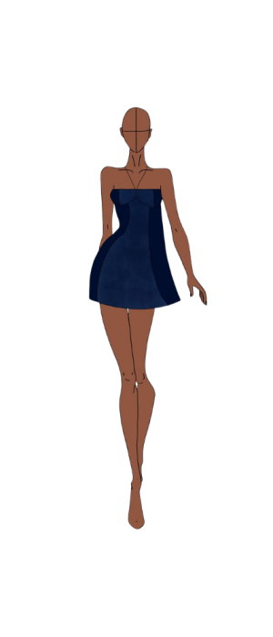 Ilustração de moda de uma modelo sem rosto usando um minivestido azul-escuro sem alças, em pé e voltada para frente em um fundo branco liso.
