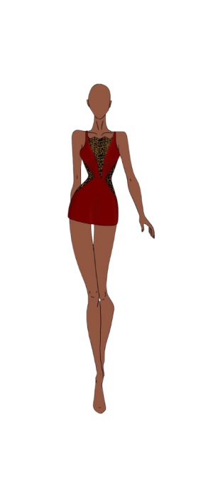 Ilustração de moda de uma mulher usando um vestido vermelho curto e justo com detalhes de renda preta no corpete, posada em um fundo branco liso.