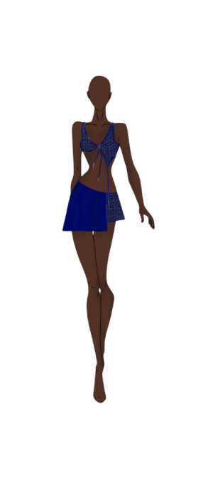 Ilustração de moda de uma mulher de pele escura vestindo um traje azul de duas peças com um top estilo halter e uma saia curta e assimétrica, em um fundo branco liso.